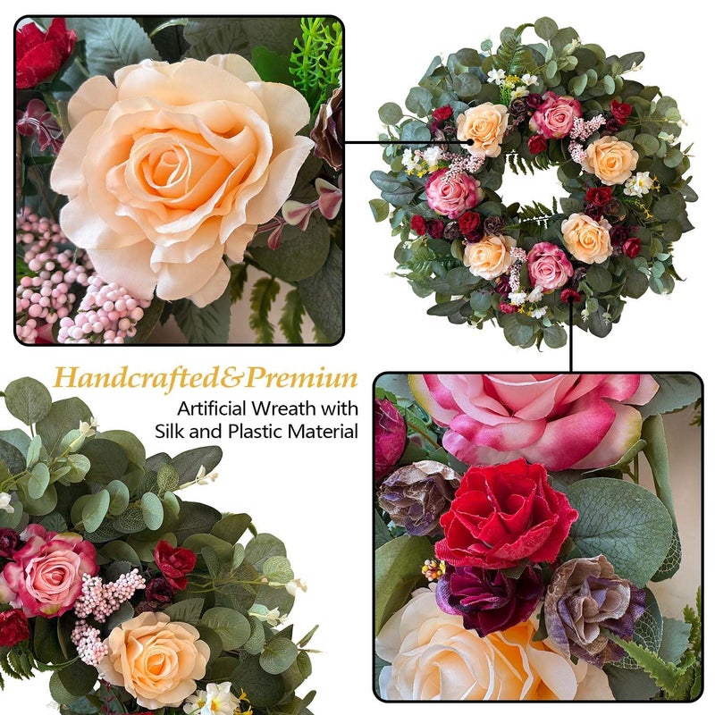 WANNA-CUL 24 Inch Spring Valentines Day Wreaths for Front Door,Spring Mothers Day Wreath Gifts Decorations with Pink,Champagne, Burgundy Rose and Eucalyptus Leaves for Wedding or Indoor&Outdoor Decor - Image 5